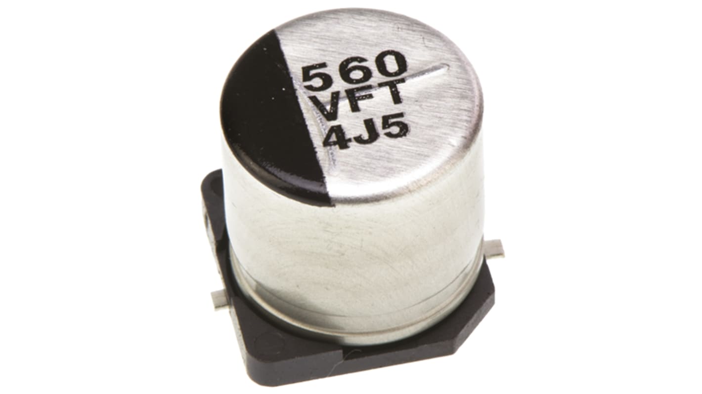 Condensador electrolítico Panasonic serie FT SMD, 560μF, ±20%, 35V dc, mont. SMD, 10 (Dia.) x 10.2mm, paso 4.6mm