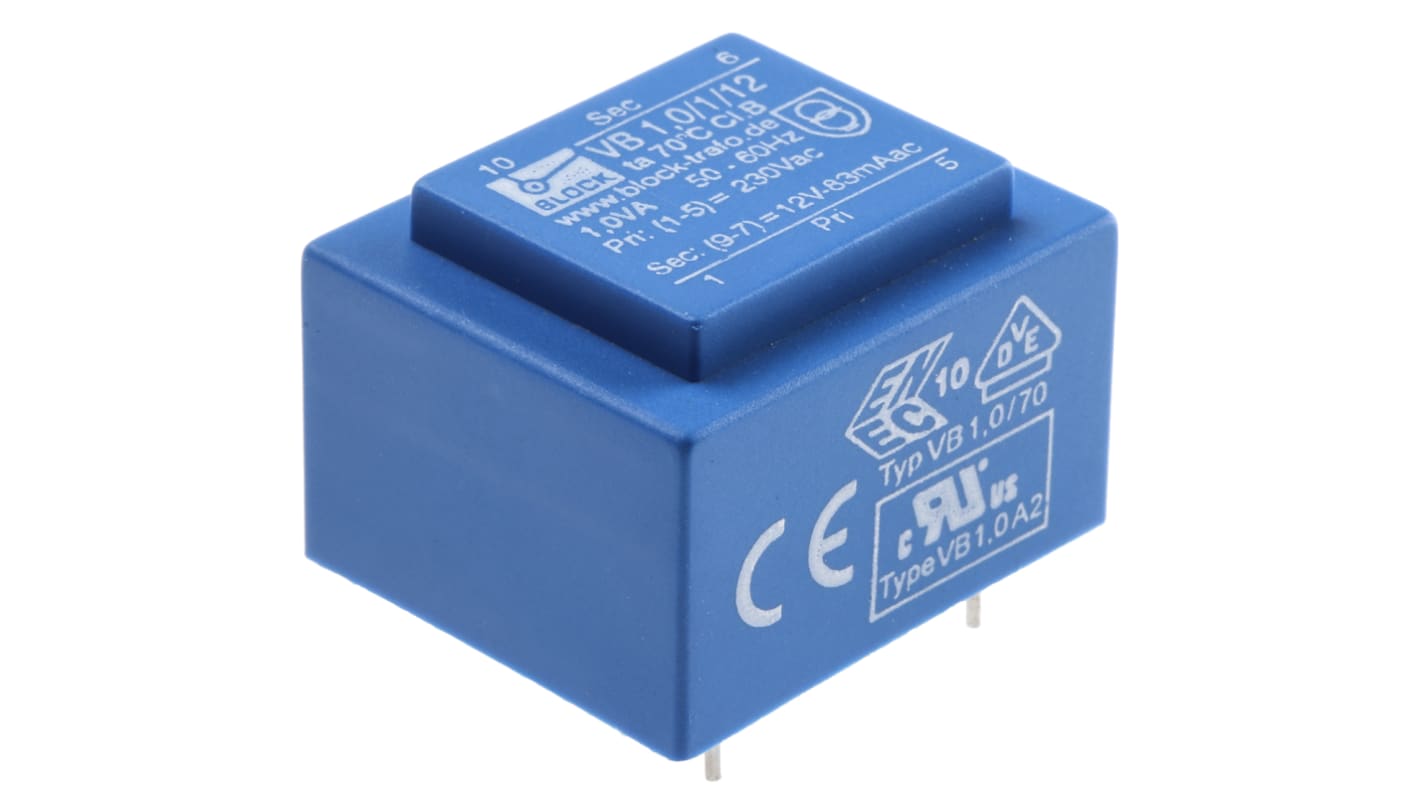 Block 12V ac 1 Output Through Hole PCB Transformer, 1VA