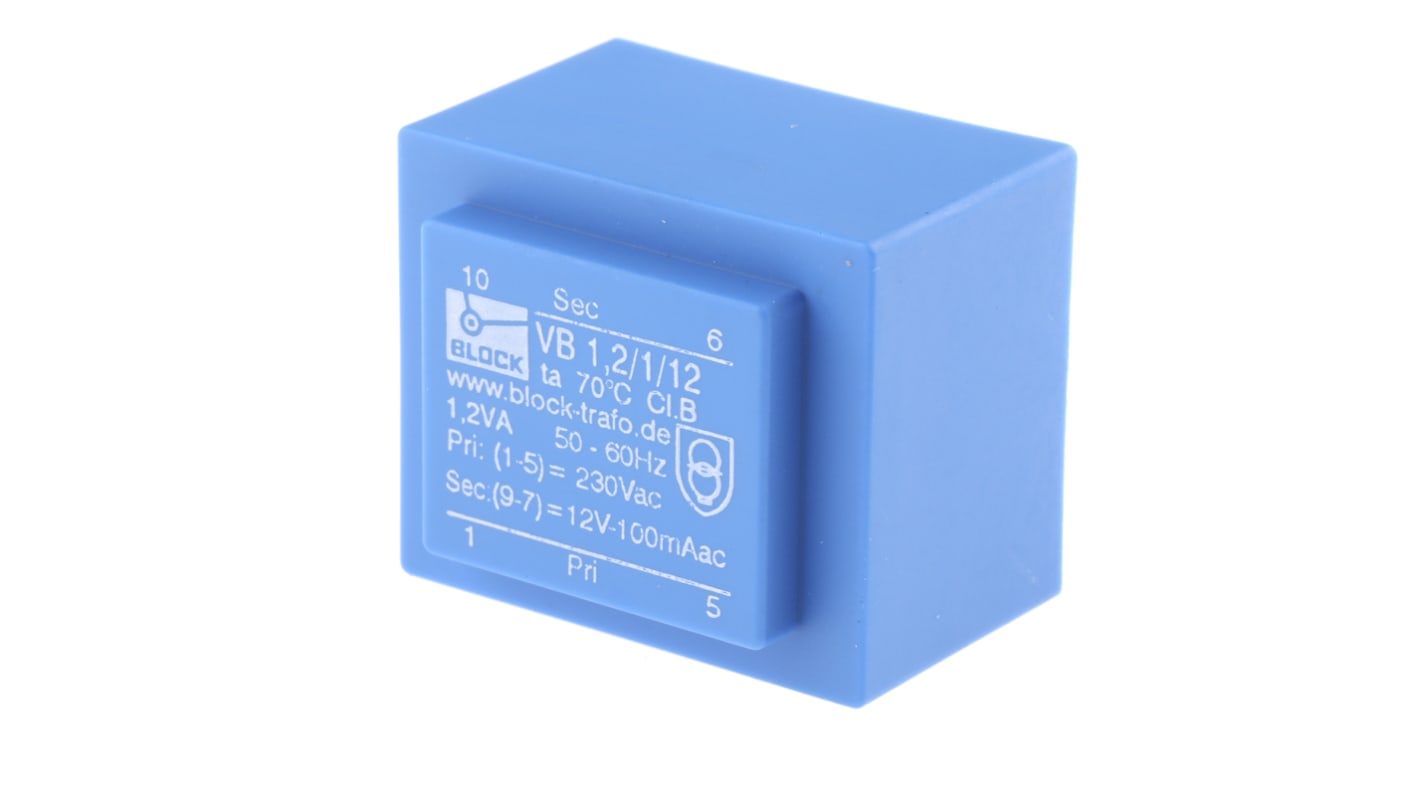 Block 12V ac 1 Output Through Hole PCB Transformer, 1.2VA