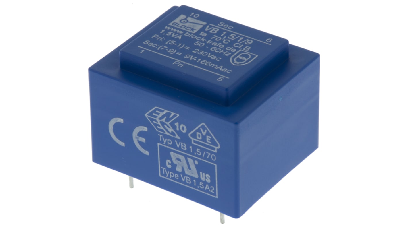 Block 9V ac 1 Output Through Hole PCB Transformer, 1.5VA