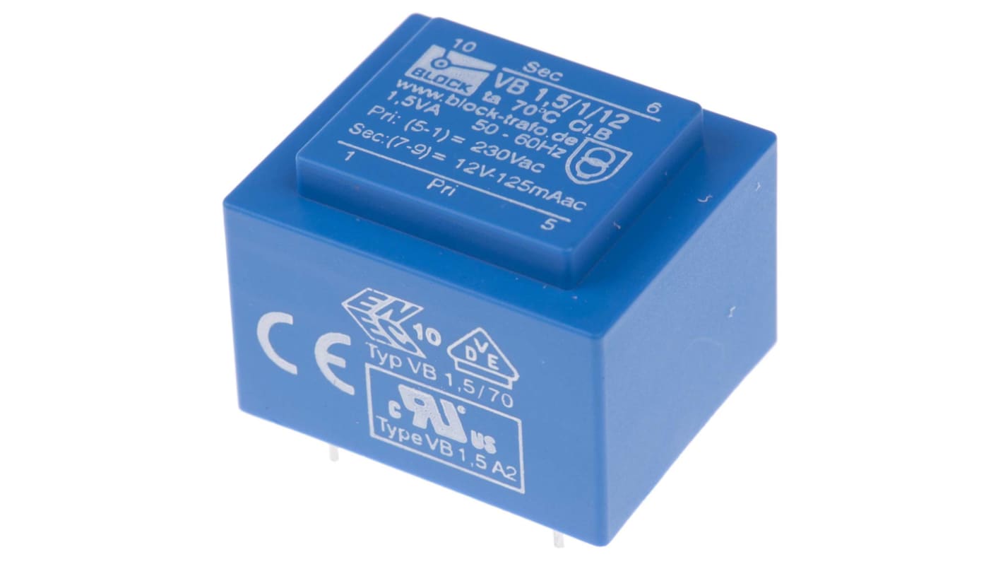 Block 12V ac 1 Output Through Hole PCB Transformer, 1.5VA