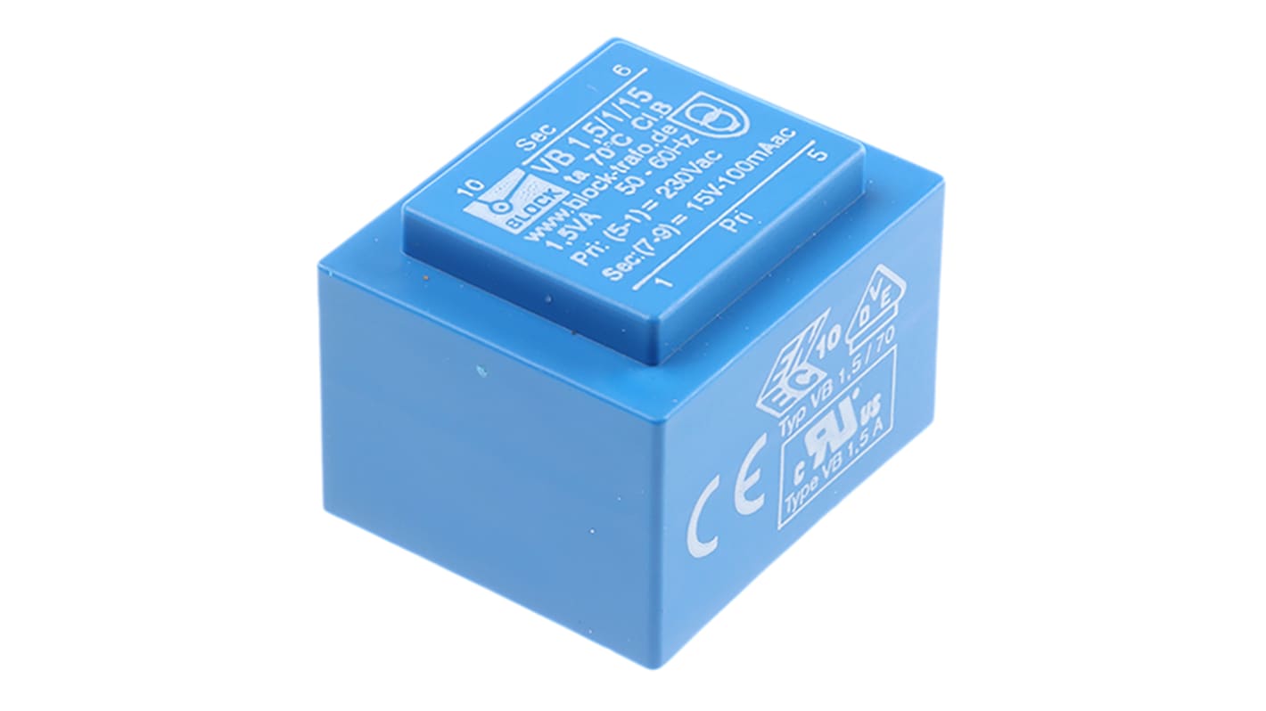 Block 15V ac 1 Output Through Hole PCB Transformer, 1.5VA