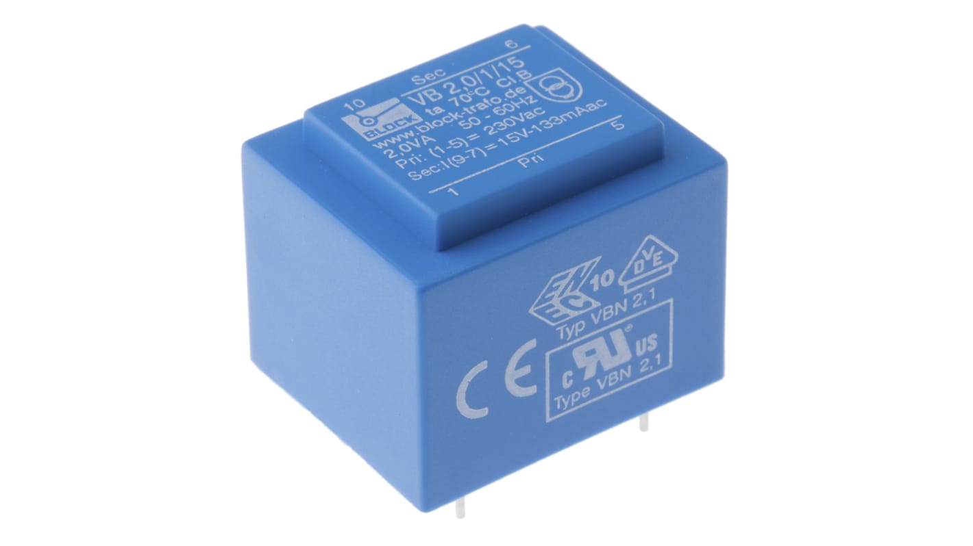 Block 15V ac 1 Output Through Hole PCB Transformer, 2VA