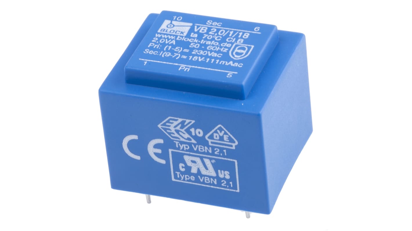 Block 18V ac 1 Output Through Hole PCB Transformer, 2VA