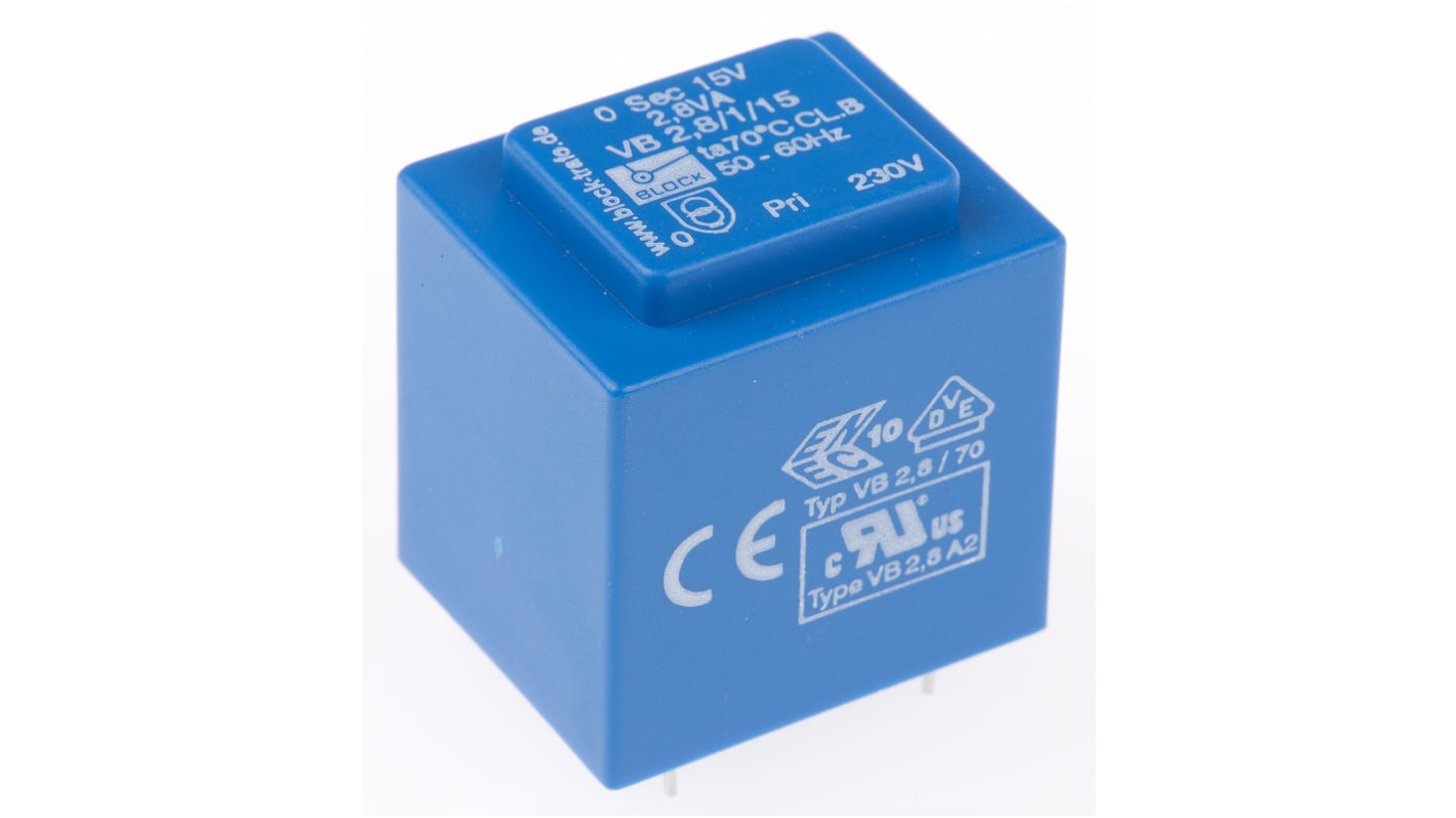 Block 15V ac 1 Output Through Hole PCB Transformer, 2.8VA