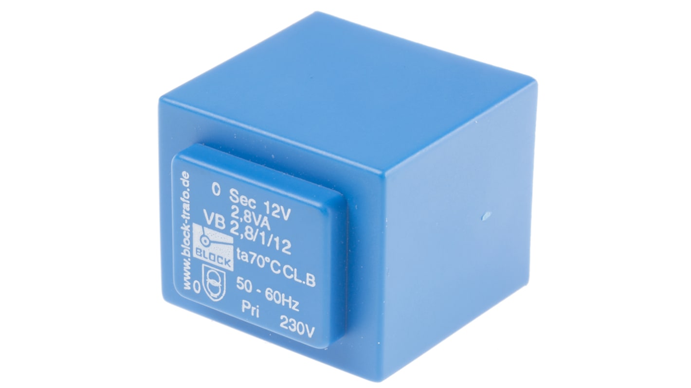 Block PCB变压器, 2.8VA, 初级230V 交流, 次级12V 交流, 通孔安装, 32.3 x 27.3 x 34mm