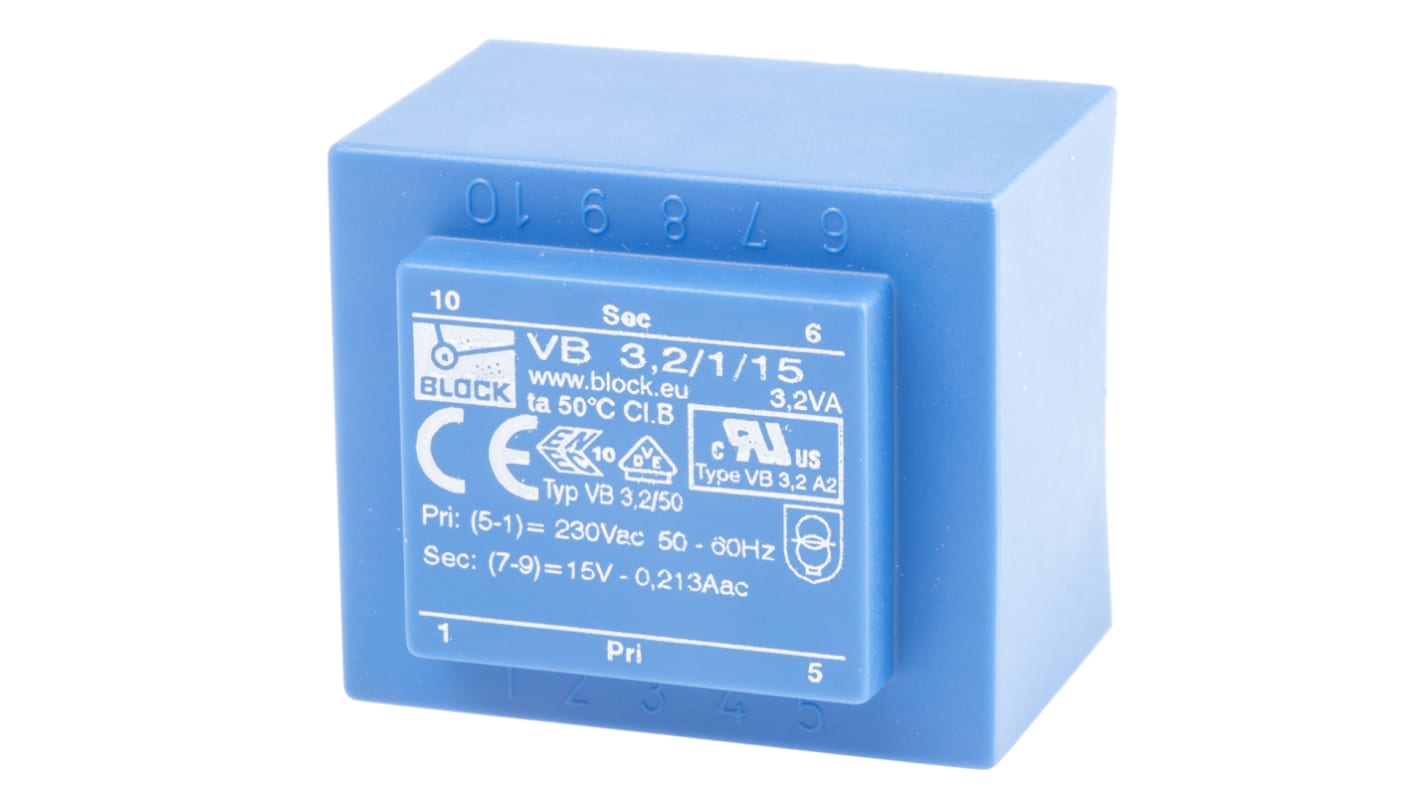 Trasformatore per PCB Block, 3.2VA, primario 230V ca, secondario 15V ca, uscita uscite