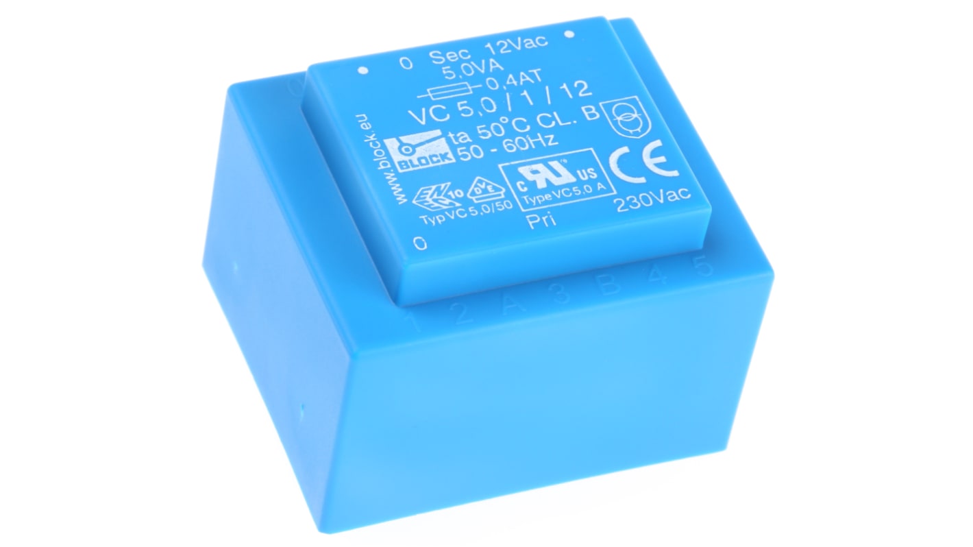 Trasformatore per PCB Block, 5VA, primario 230V ca, secondario 12V ca, uscita uscite