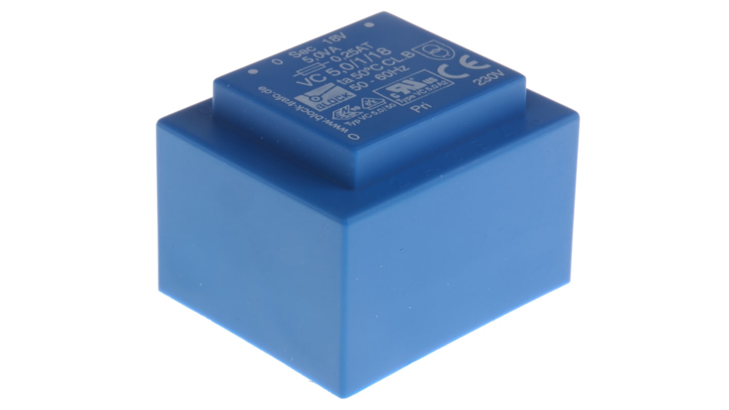Trasformatore per PCB Block, 5VA, primario 230V ca, secondario 18V ca, , uscita uscite