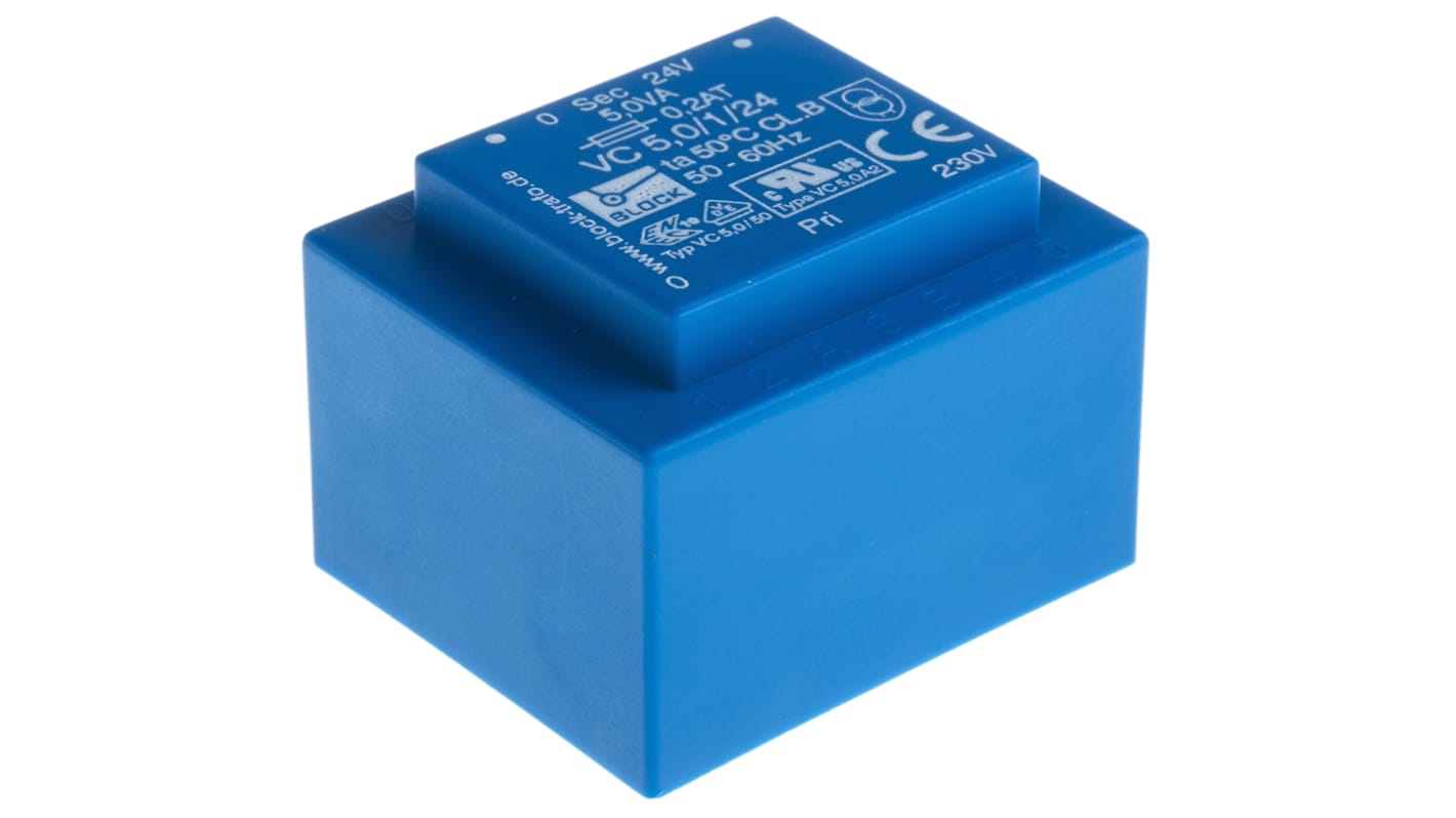 Trasformatore per PCB Block, 5VA, primario 230V ca, secondario 24V ca, , uscita uscite