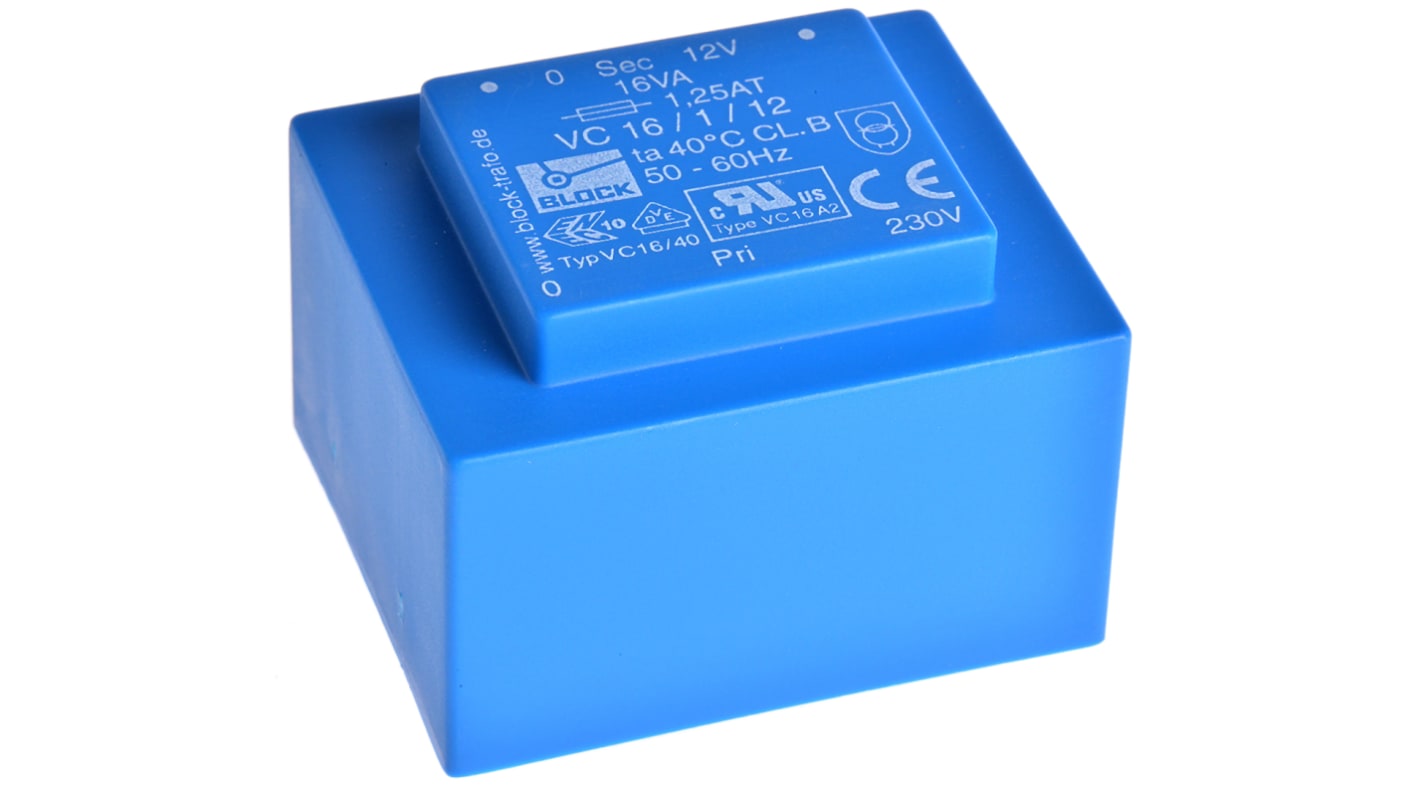 Block 基板実装用トランス 一次側：230V ac 二次側：12V ac 定格電力：16VA, VC 16/1/12 出力数：1