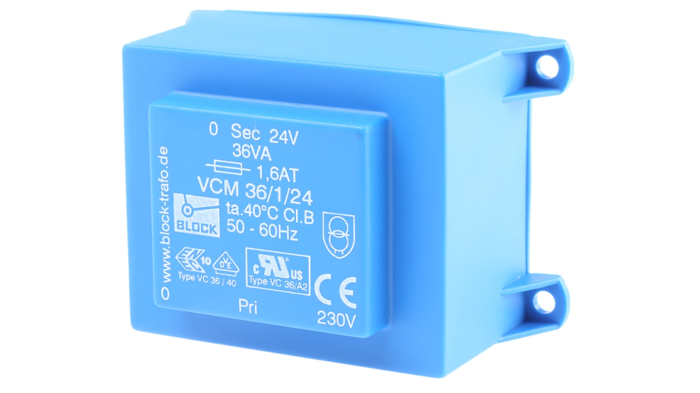 Block 24V ac 1 Output Through Hole PCB Transformer, 36VA