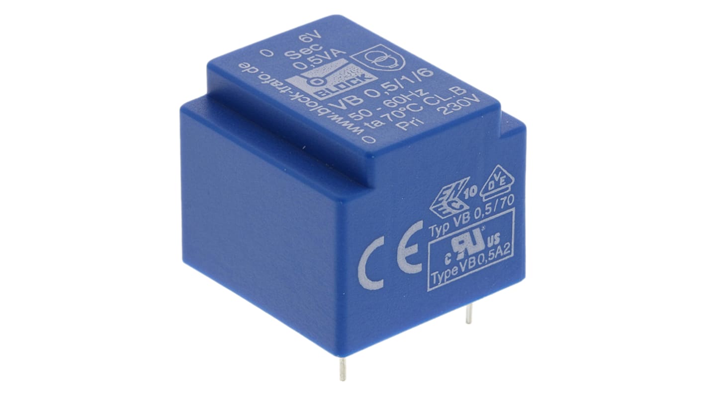 Block 6V ac 1 Output Through Hole PCB Transformer, 0.5VA