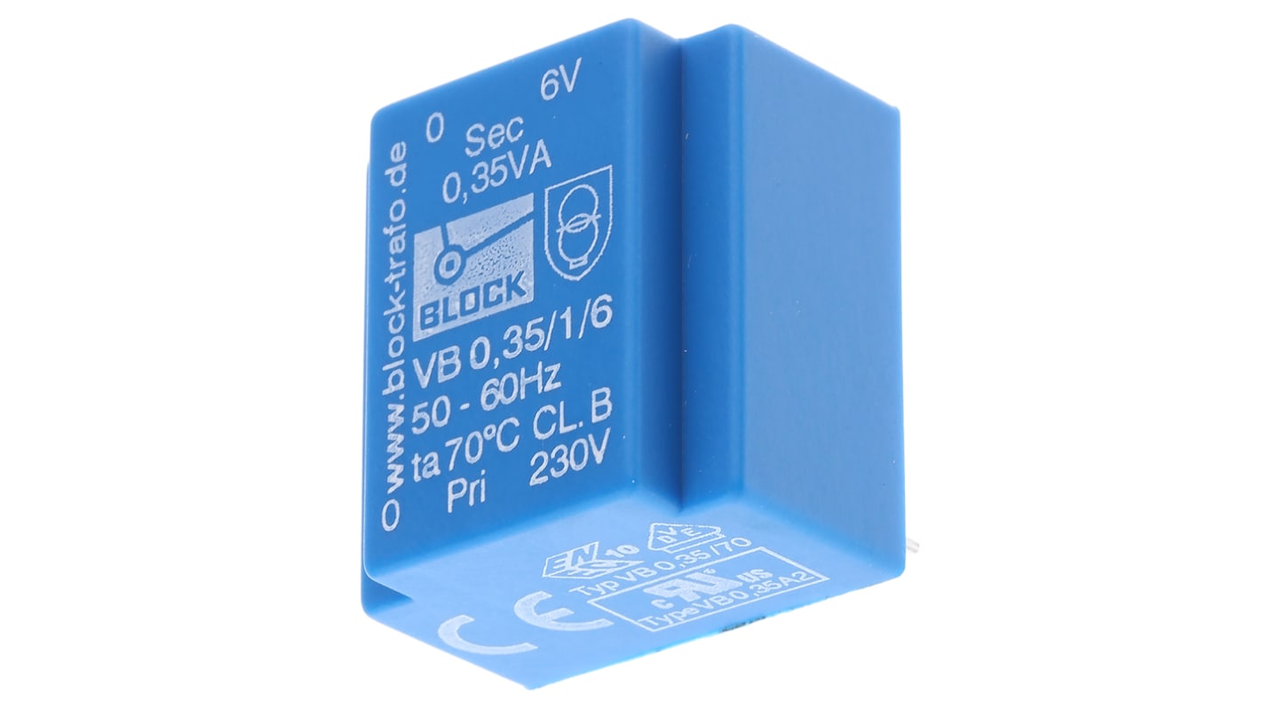 Block PCB变压器, 0.35VA, 初级230V 交流, 次级6V 交流, 通孔安装, 22 x 22.7 x 15mm