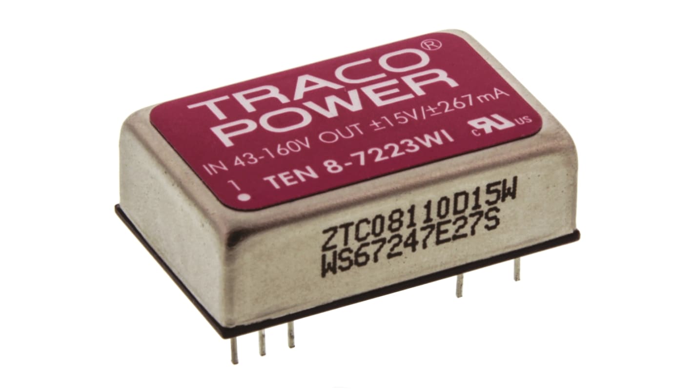 TRACOPOWER TEN 8WI DC-DC Converter, ±15V dc/ ±267mA Output, 43 → 160 V dc Input, 8W, Through Hole, +85°C Max