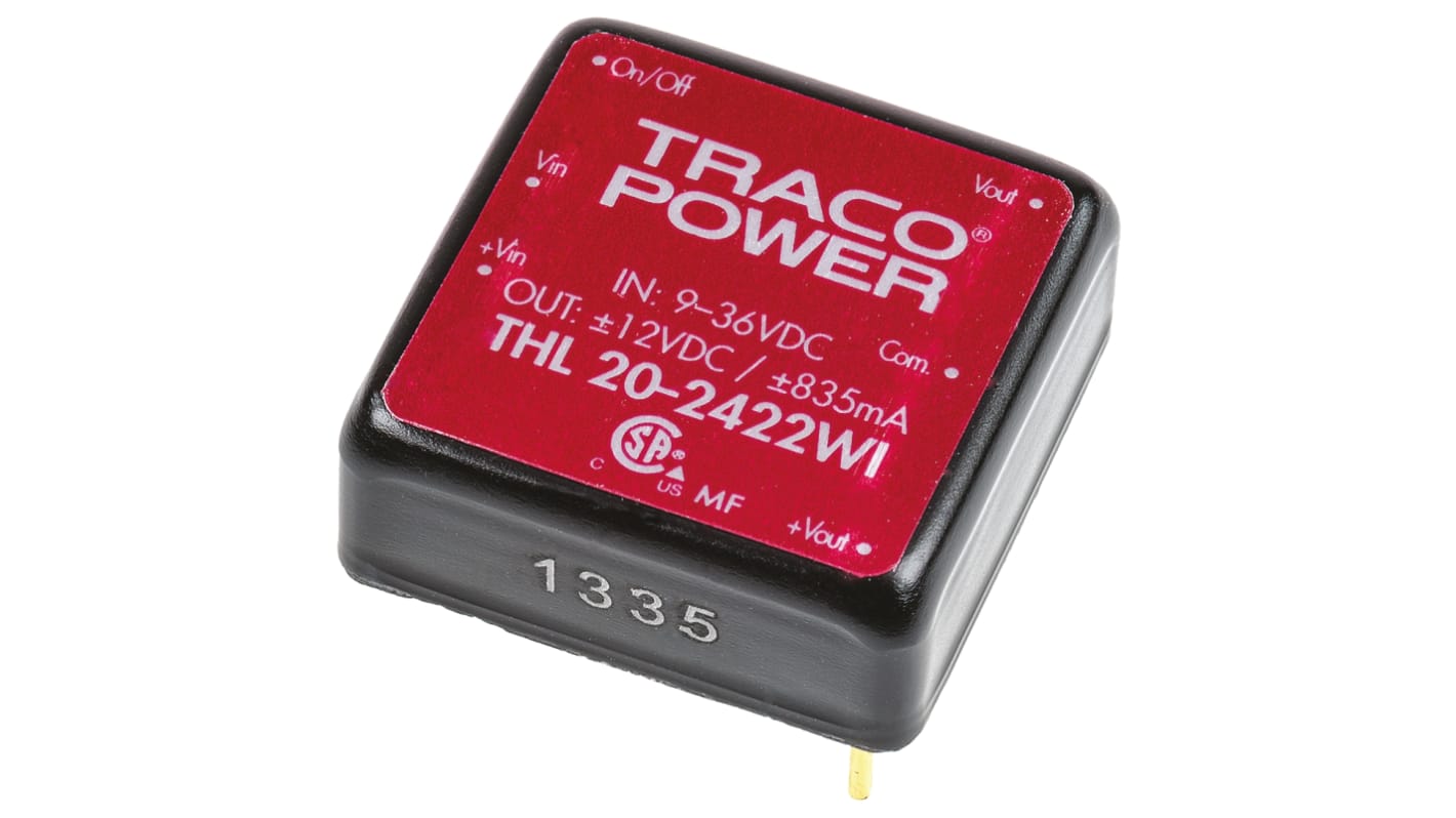 TRACOPOWER THL 20WI DC-DC Converter, ±12V dc/ ±835mA Output, 9 → 36 V dc Input, 20W, Through Hole, +85°C Max