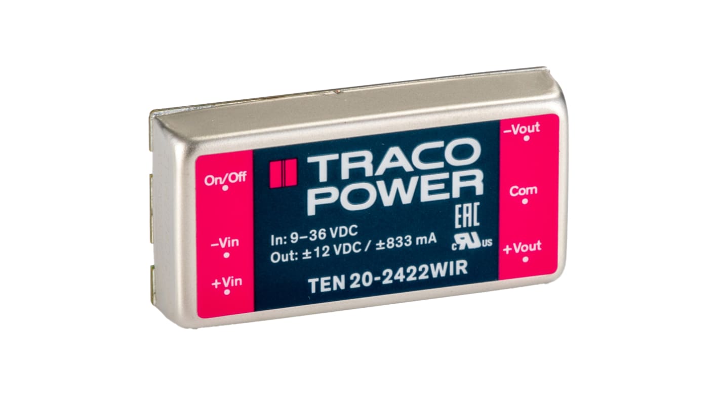 Przetwornica DC-DC, 20W, Uwe 9 → 36 V DC, Uwy ±12V dc, Iwy ±833mA Tak, TRACOPOWER Nie