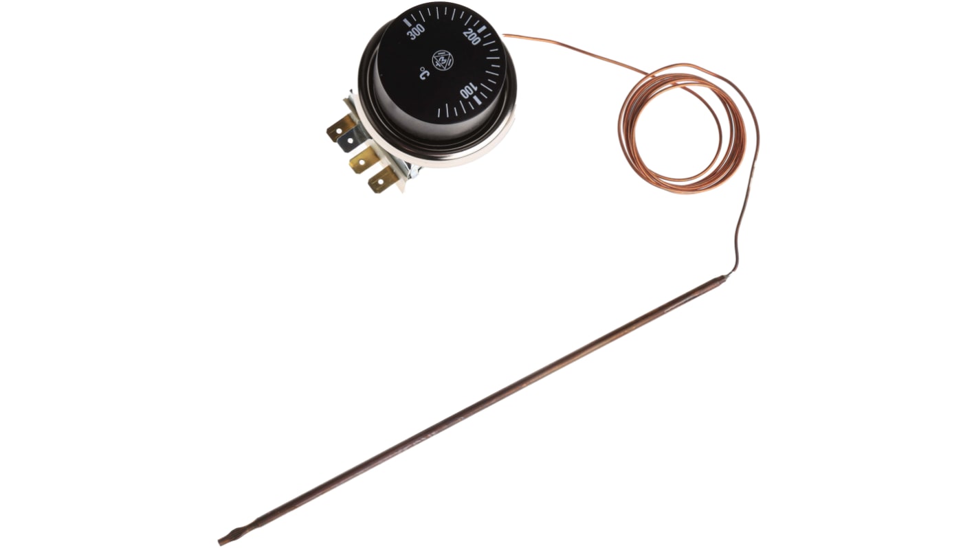 RS PRO Adjustable Capillary Thermostat, Opens at +310°C, Closes at +50°C, +330°C Max, SPDT, Automatic Reset, Panel Mount