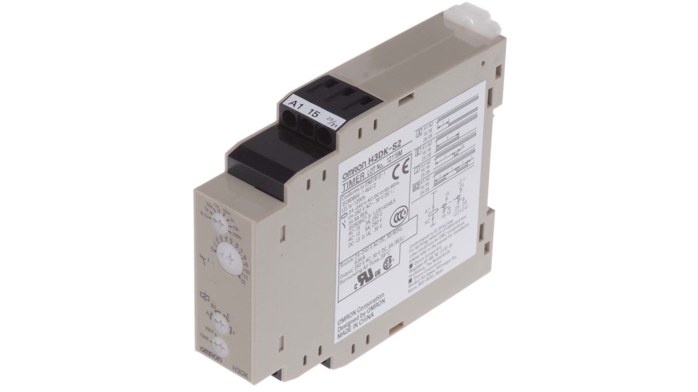 Omron H3DK Series DIN Rail Mount Timer Relay, 24 → 240V ac/dc, 2-Contact, 0.1 → 1.2 s, 1 → 12h