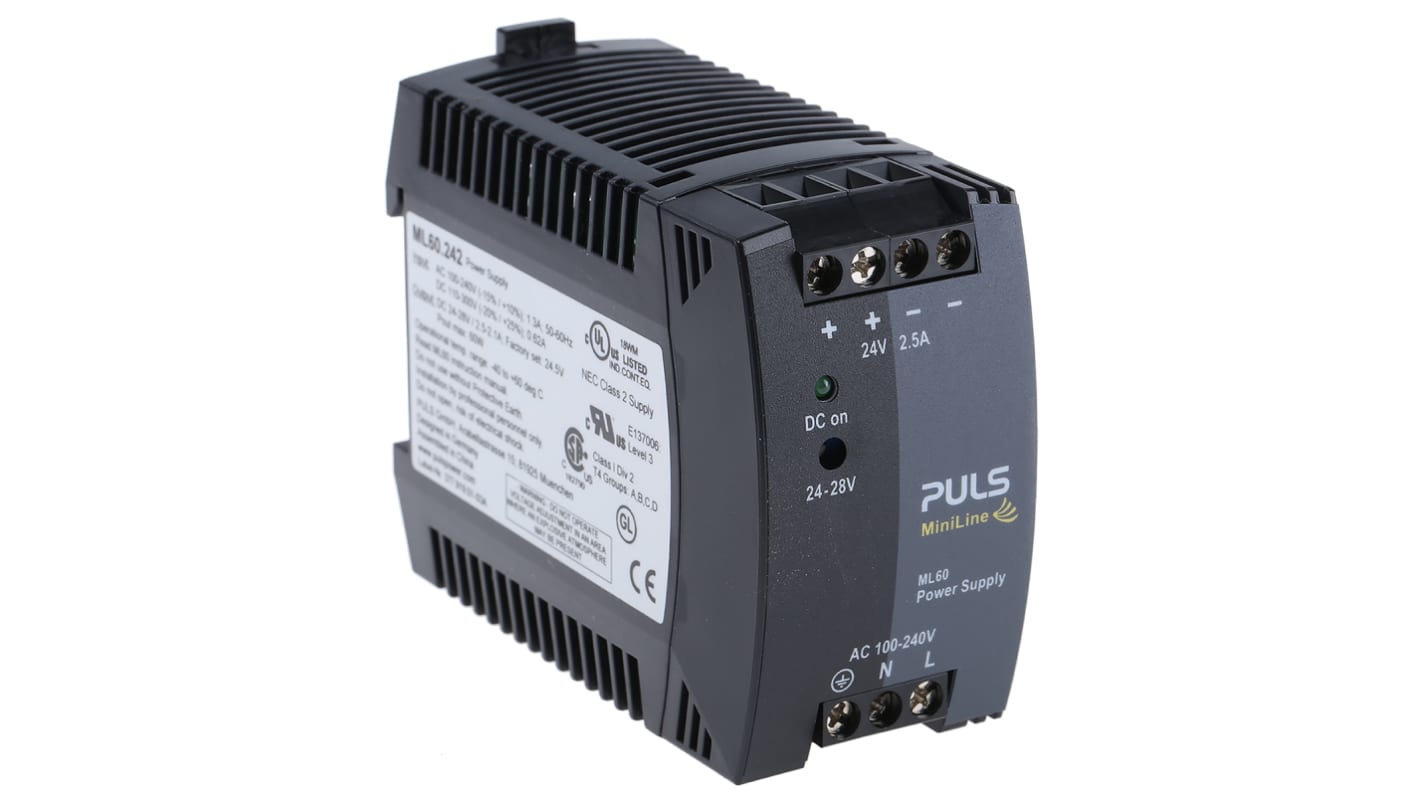 PULS MiniLine MLY Switched Mode DIN Rail Power Supply, 100 → 240V ac ac Input, 24V dc dc Output, 2.5A Output, 60W