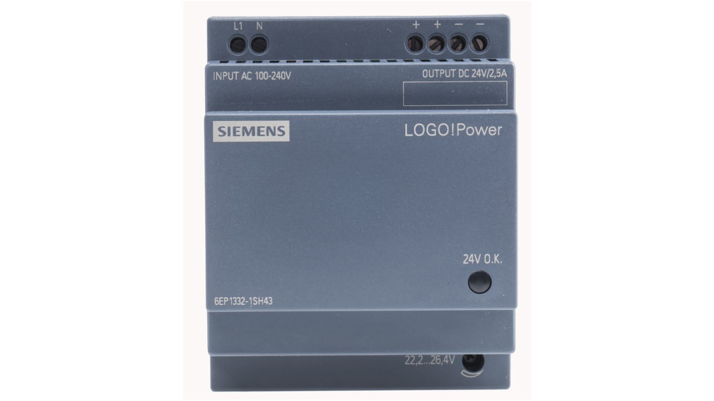 Siemens LOGO!POWER Switch Mode DIN Rail Panel Mount Power Supply, 100 → 240V ac ac Input, 24V dc dc Output, 2.5A