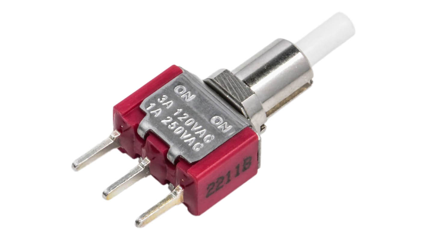 Bouton-poussoir, Verrouillable, SPDT, 3 A @ 120 V c.a.,  Montage sur Circuit imprimé