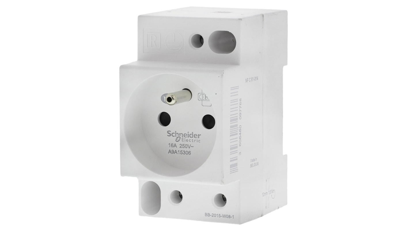 Prise modulaire Schneider Electric, Type E – Français 2P+T, 250 V c.a., Rail DIN, 2P+E
