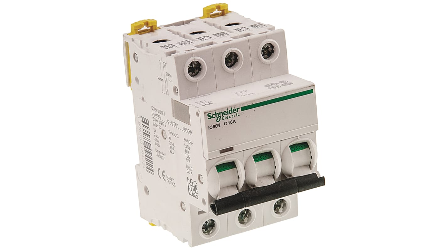 Schneider Electric Acti 9 iC60N MCB, 3P, 16A Curve C, 400V AC, 12 → 144V DC, 6 kA Breaking Capacity