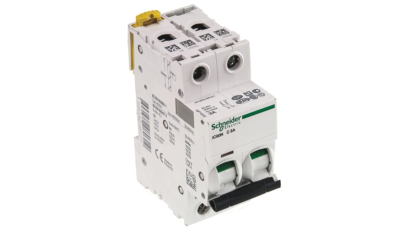 Disjoncteur Schneider Electric iC60N 2P, 3A, pouvoir de coupure 6 kA, montage rail DIN