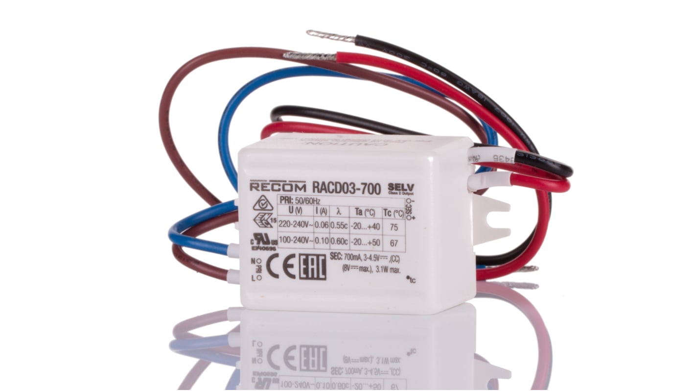 Driver LED corriente/tensión constante Recom RACD03 de salidas, IN: 120 → 370 V dc, 90 → 264 V ac, OUT: 3