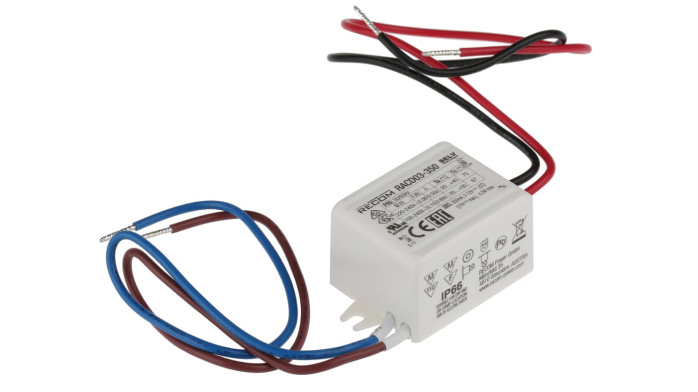 Driver LED corriente/tensión constante Recom RACD03 de salidas, IN: 120 → 370 V dc, 90 → 264 V ac, OUT: 3