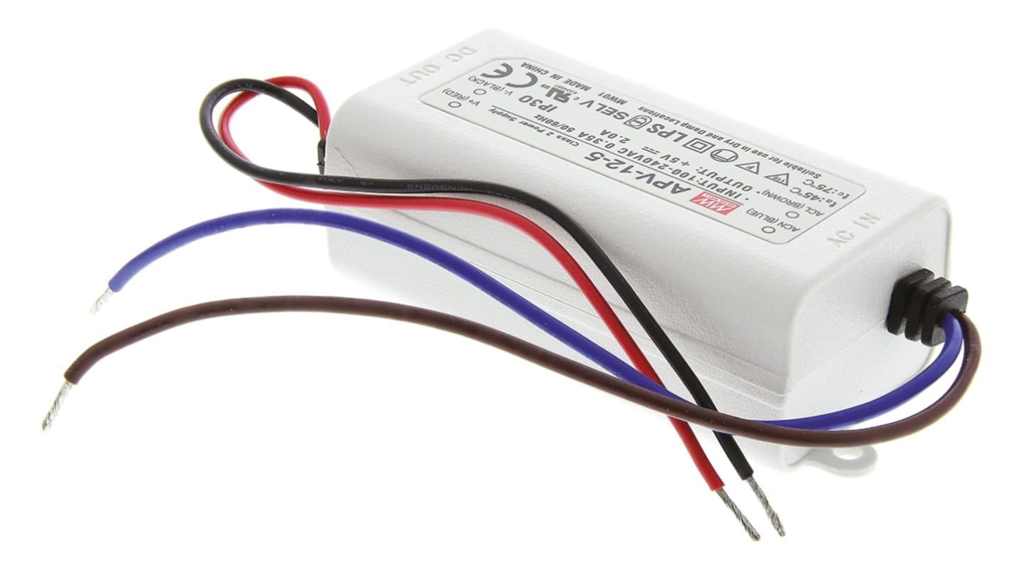 Driver LED tensión constante MEAN WELL de salidas, IN: 127 → 370 V dc, 90 → 264 V ac, OUT: 5V, 2A, 10W,