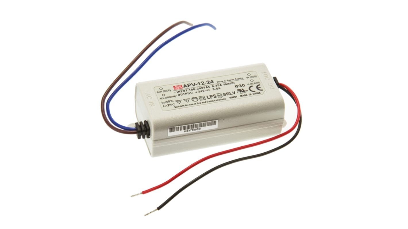 MEAN WELL LED Driver, 24V Output, 12W Output, 500mA Output, Constant Voltage