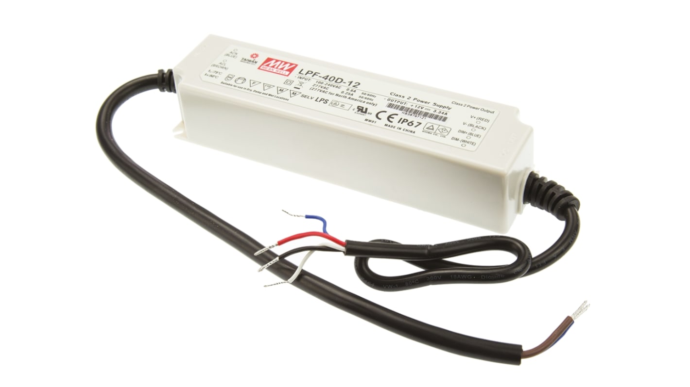 MEAN WELL LED Driver, 12V Output, 40.08W Output, 3.34A Output, Constant Voltage Dimmable