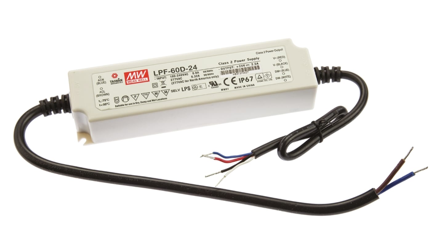 MEAN WELL LED Driver, 24V Output, 60W Output, 2.5A Output, Constant Voltage Dimmable