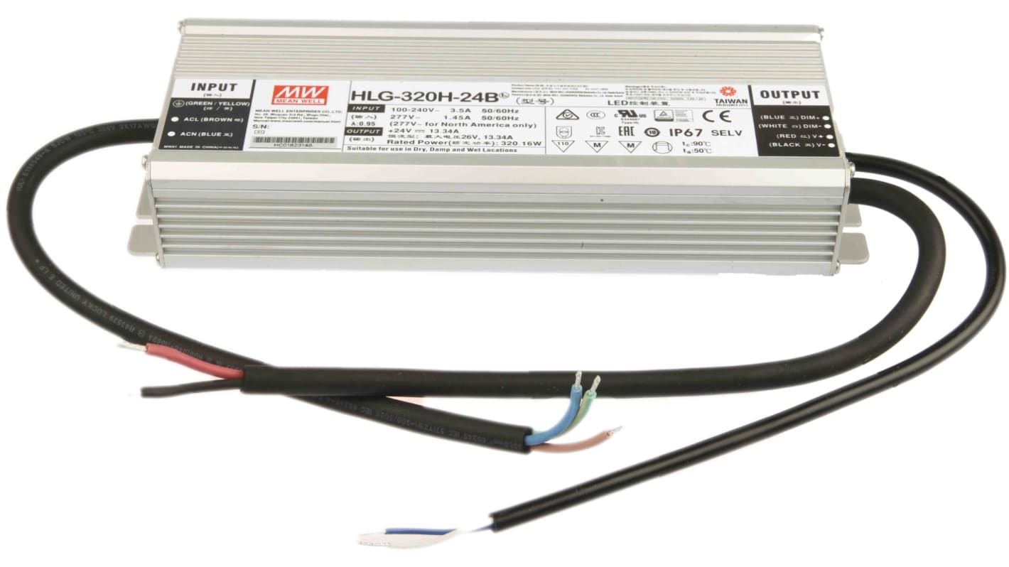MEAN WELL LED Driver, 24V Output, 320.16W Output, 13.34A Output, Constant Voltage Dimmable