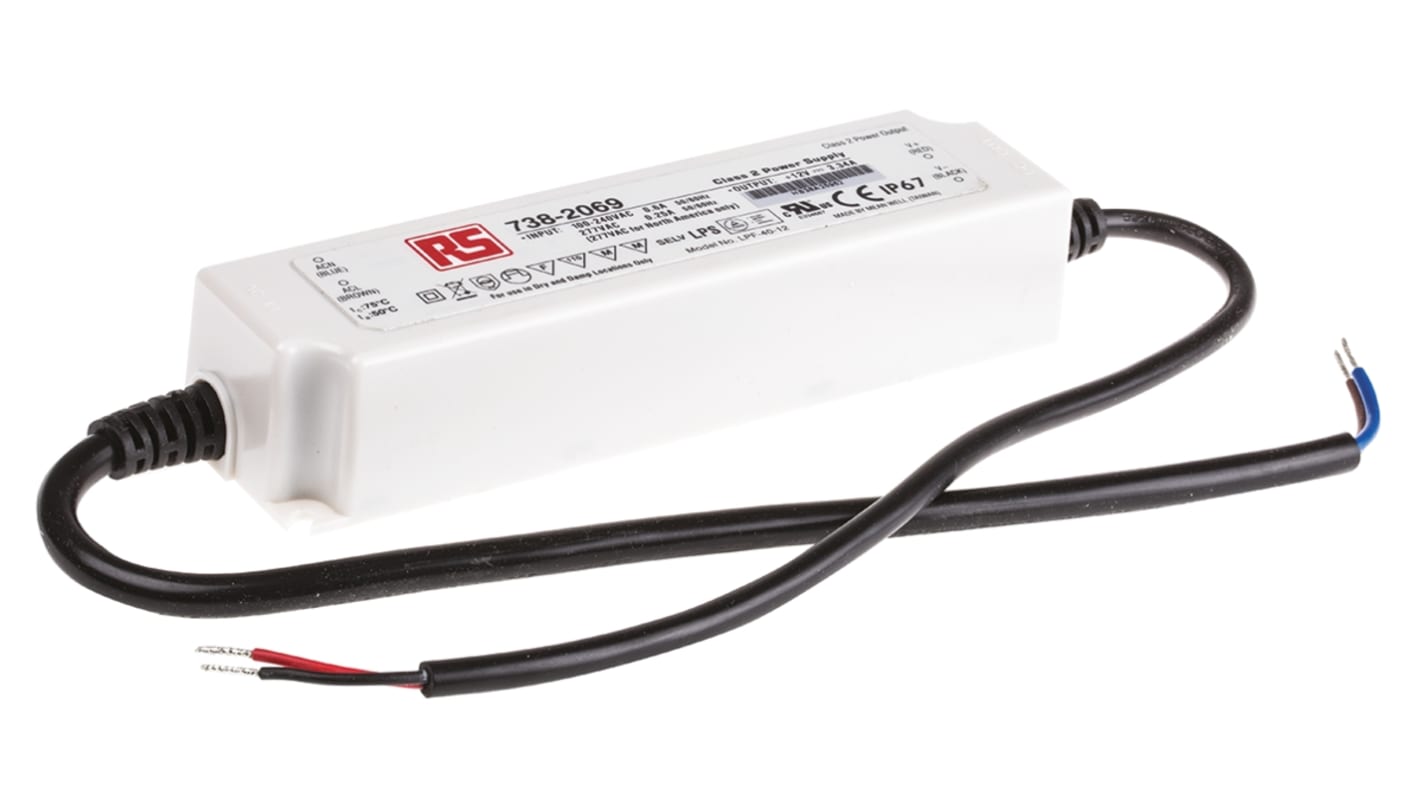 MEAN WELL LED Driver, 12V Output, 40.08W Output, 3.34A Output, Constant Voltage