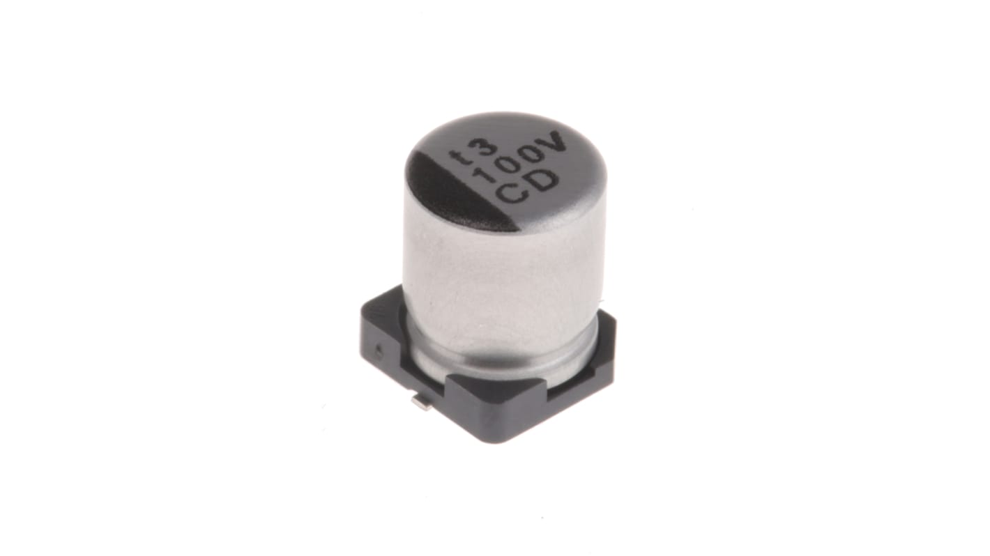 Condensador electrolítico Nichicon serie CD, 100μF, ±20%, 35V dc, mont. SMD, 6.3 (Dia.) x 7.7mm, paso 2.2mm