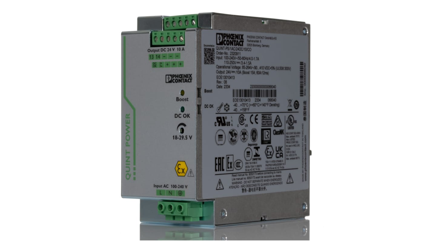 Phoenix Contact QUINT POWER Switched Mode DIN Rail Power Supply, 85 → 264V ac ac Input, 24V dc dc Output, 10A