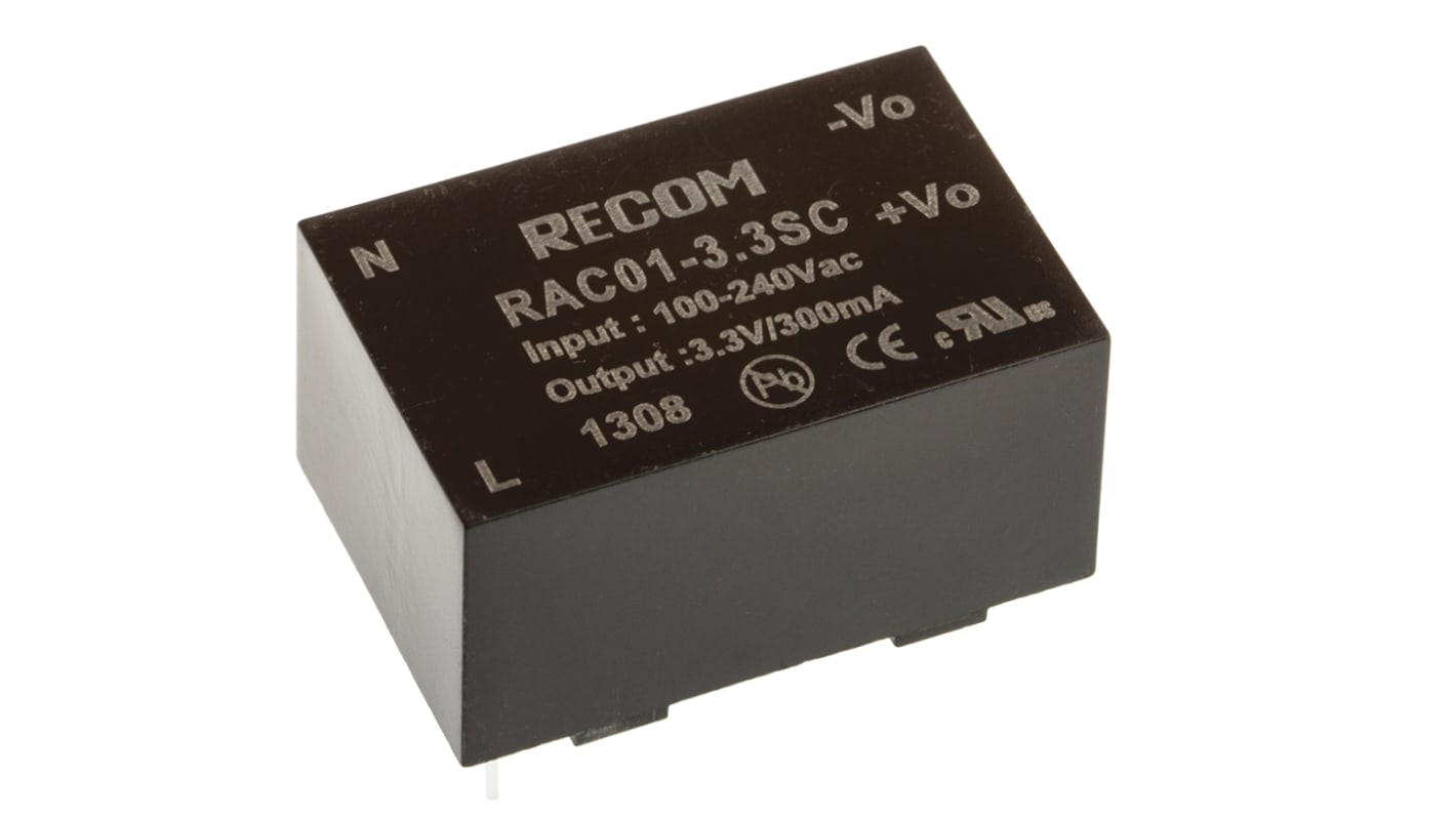 Recom Switching Power Supply, RAC01-3.3SC, 3.3V dc, 300mA, 1W, 1 Output, 90 → 277V ac Input Voltage