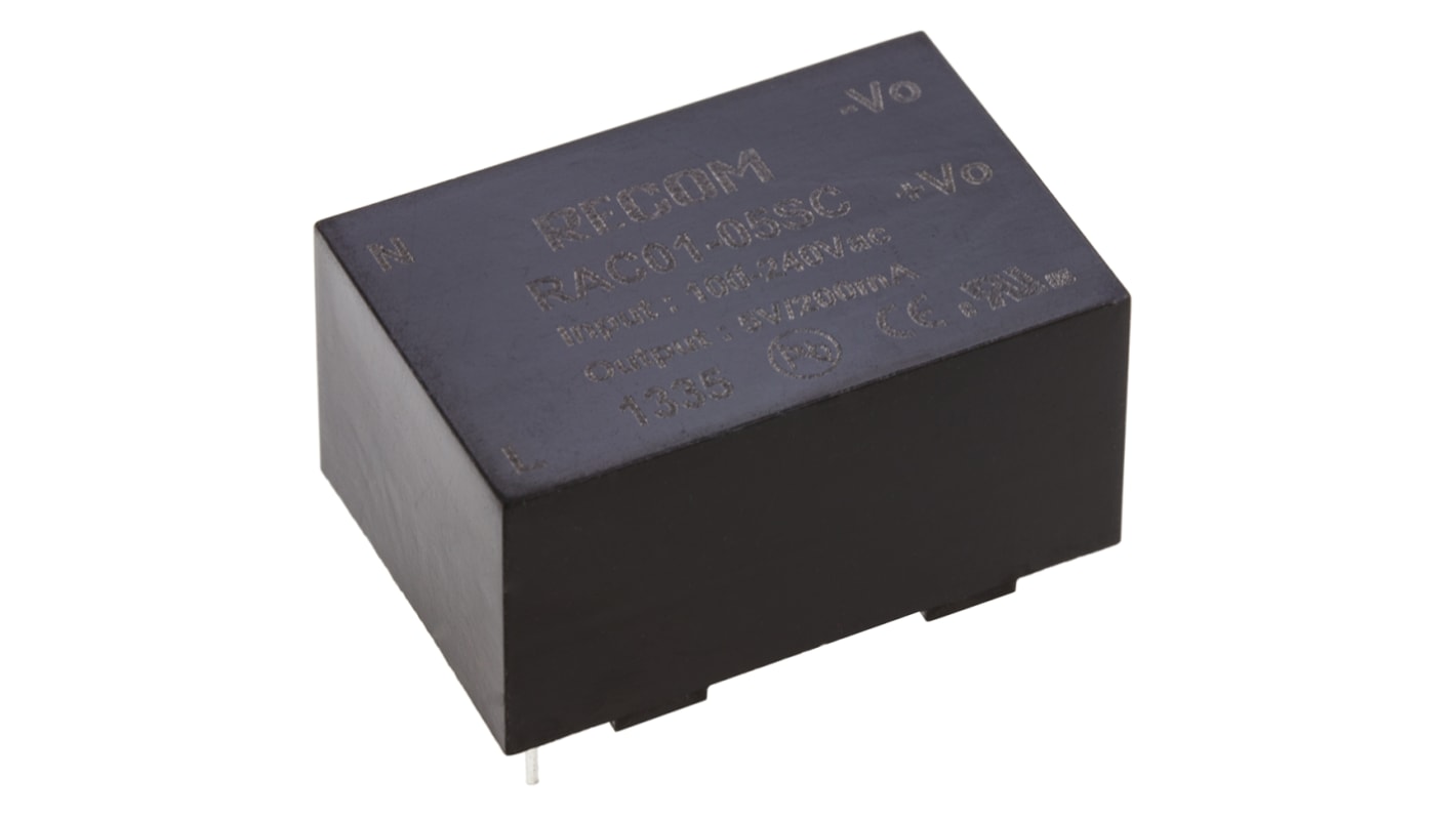 Recom Switching Power Supply, RAC01-05SC, 5V dc, 200mA, 1W, 1 Output, 90 → 277V ac Input Voltage