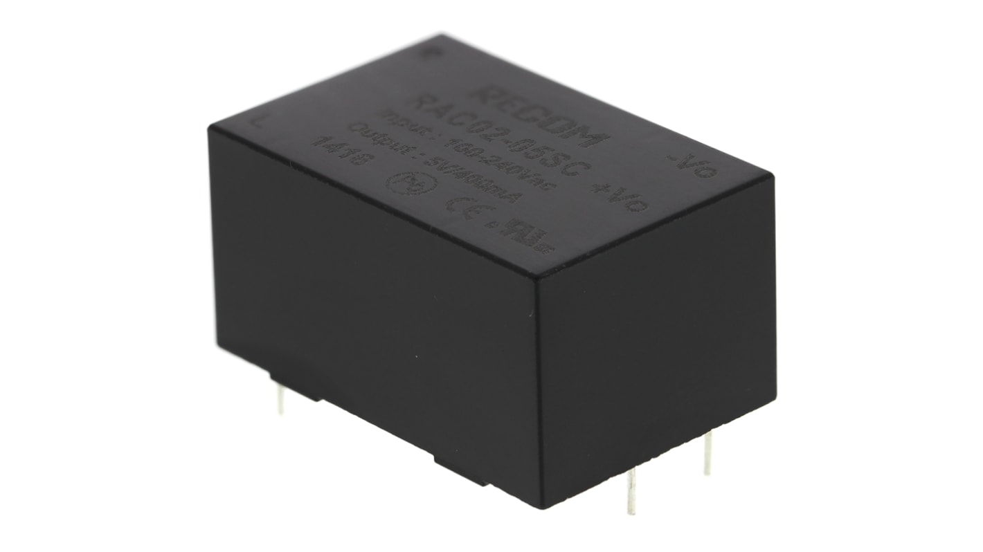 Recom Switching Power Supply, RAC02-05SC, 5V dc, 400mA, 2W, 1 Output, 90 → 277V ac Input Voltage