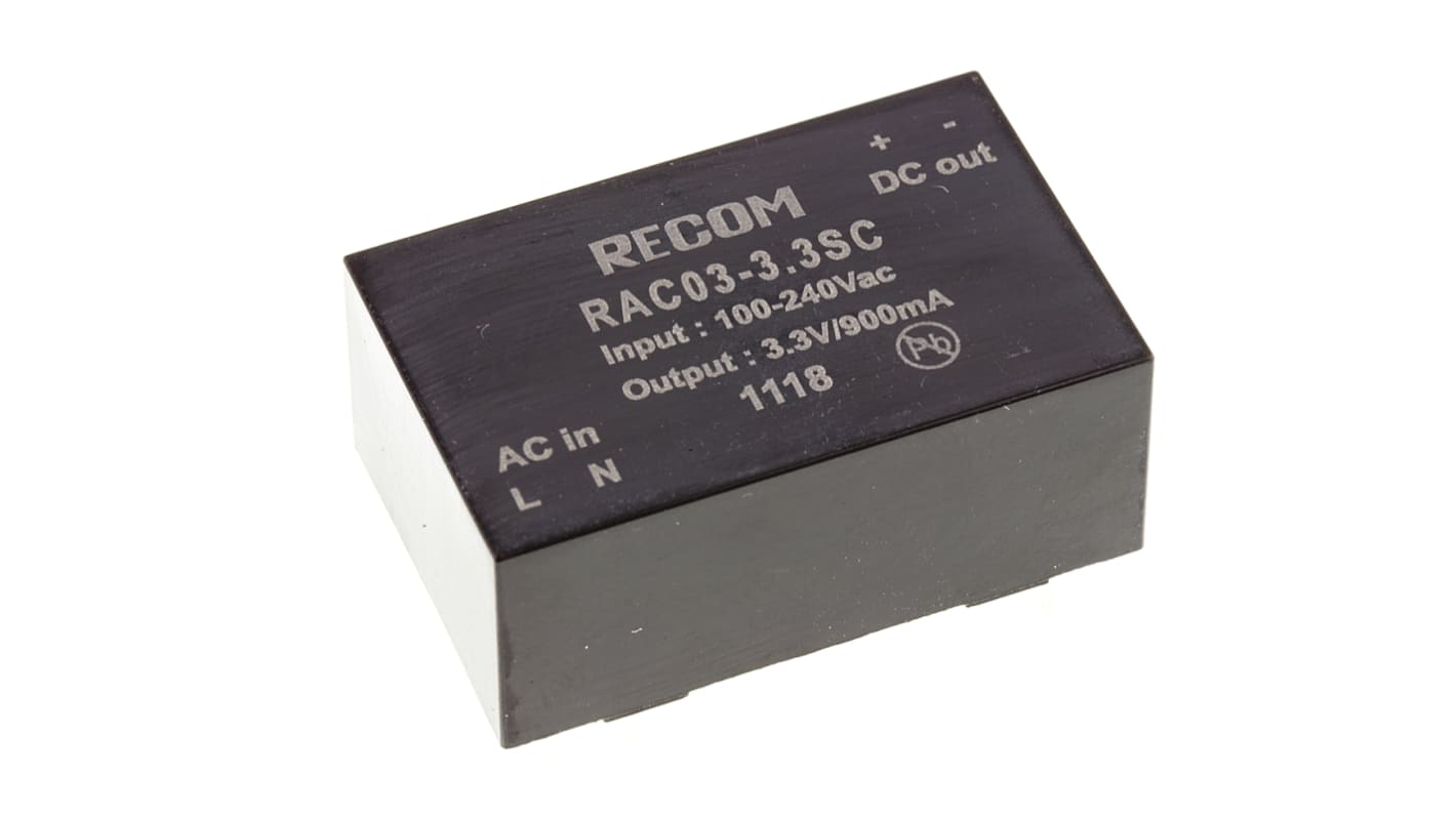 Alimentatore switching Recom RAC03-3.3SC, 3W, ingresso 90 → 264V ca, uscita 3.3V cc, 900mA RAC03-C