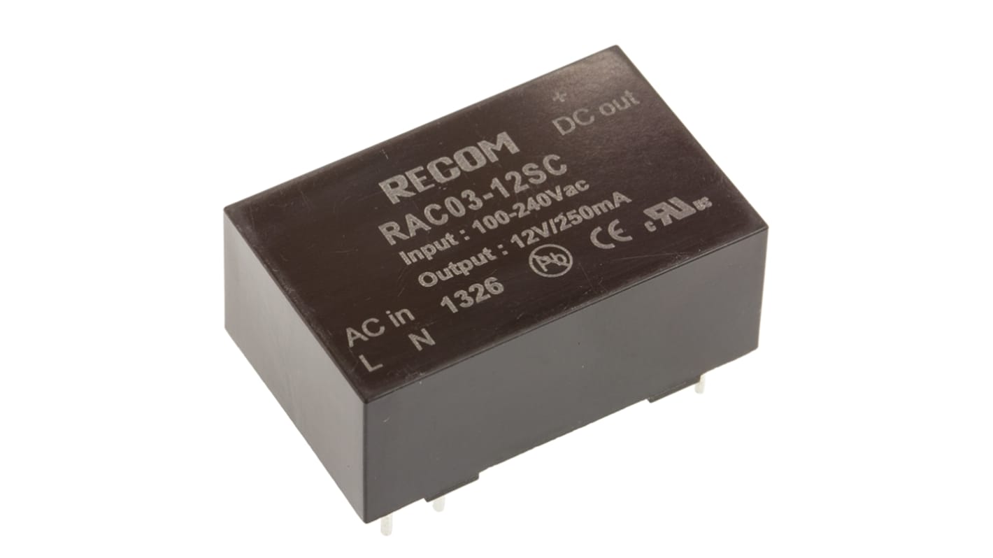 Recom Switching Power Supply, RAC03-12SC, 12V dc, 250mA, 3W, 1 Output, 90 → 264V ac Input Voltage