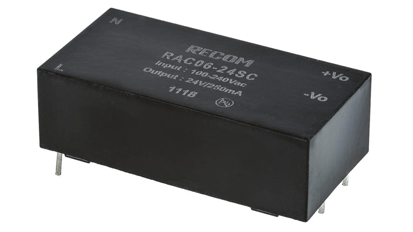 Recom Switching Power Supply, RAC06-24SC, 24V dc, 250mA, 6W, 1 Output, 90 → 264V ac Input Voltage