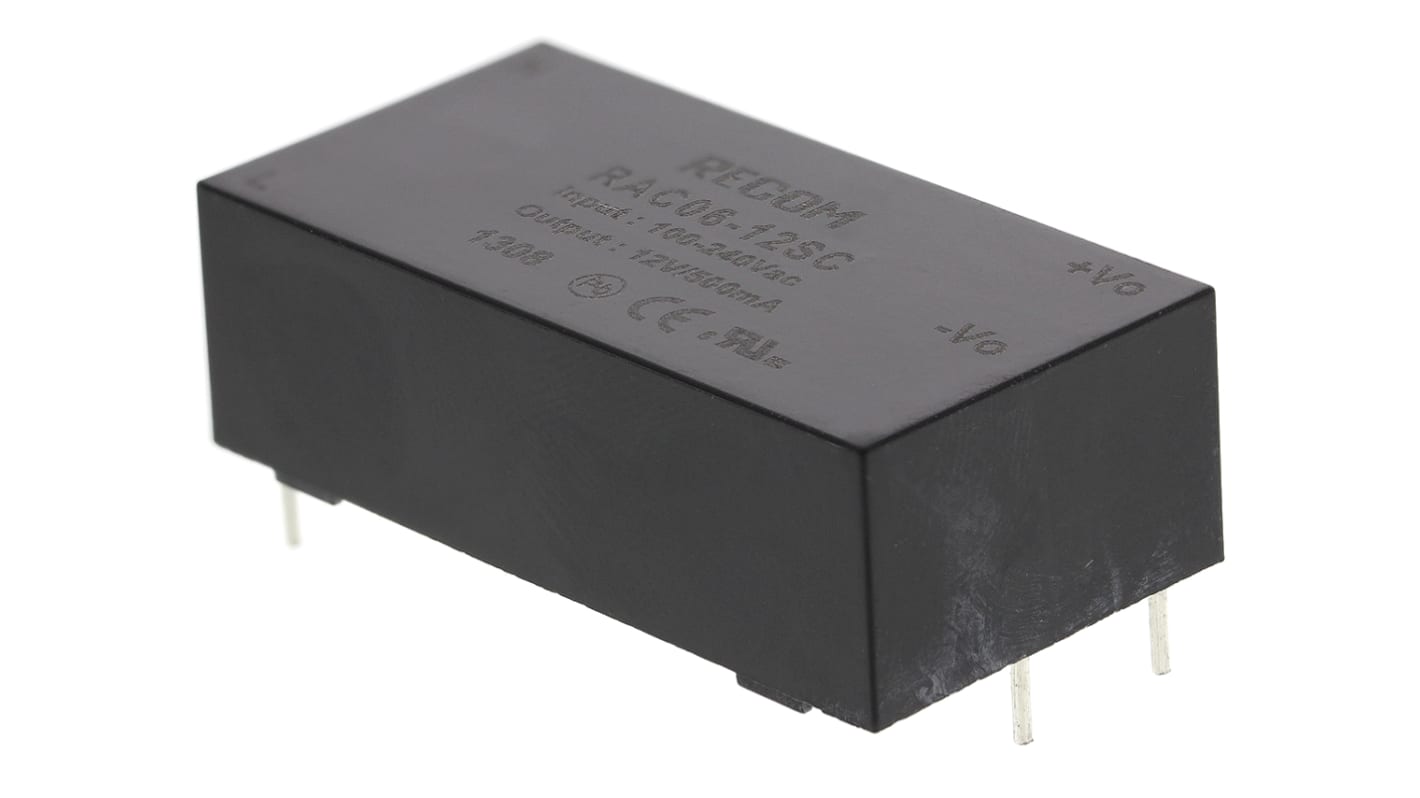 Recom Switching Power Supply, RAC06-12SC, 12V dc, 500mA, 6W, 1 Output, 90 → 264V ac Input Voltage