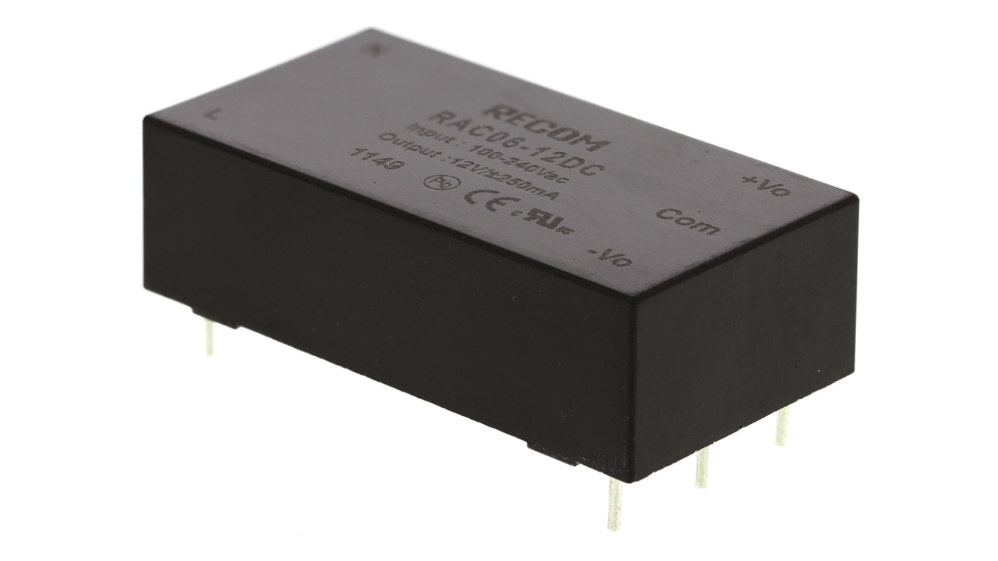 Recom Switching Power Supply, RAC06-12DC, ±12V dc, ±250mA, 6W, Dual Output, 90 → 264V ac Input Voltage