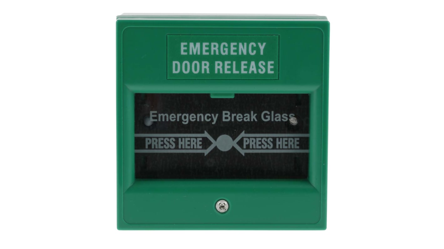 RS PRO Green Emergency exit unlocking box, Break Glass Operated, Resettable, Mains-Powered