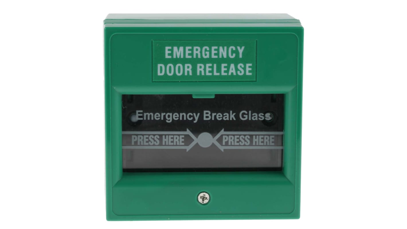 RS PRO Green Emergency exit unlocking box, Break Glass Operated, Indoor, Mains-Powered