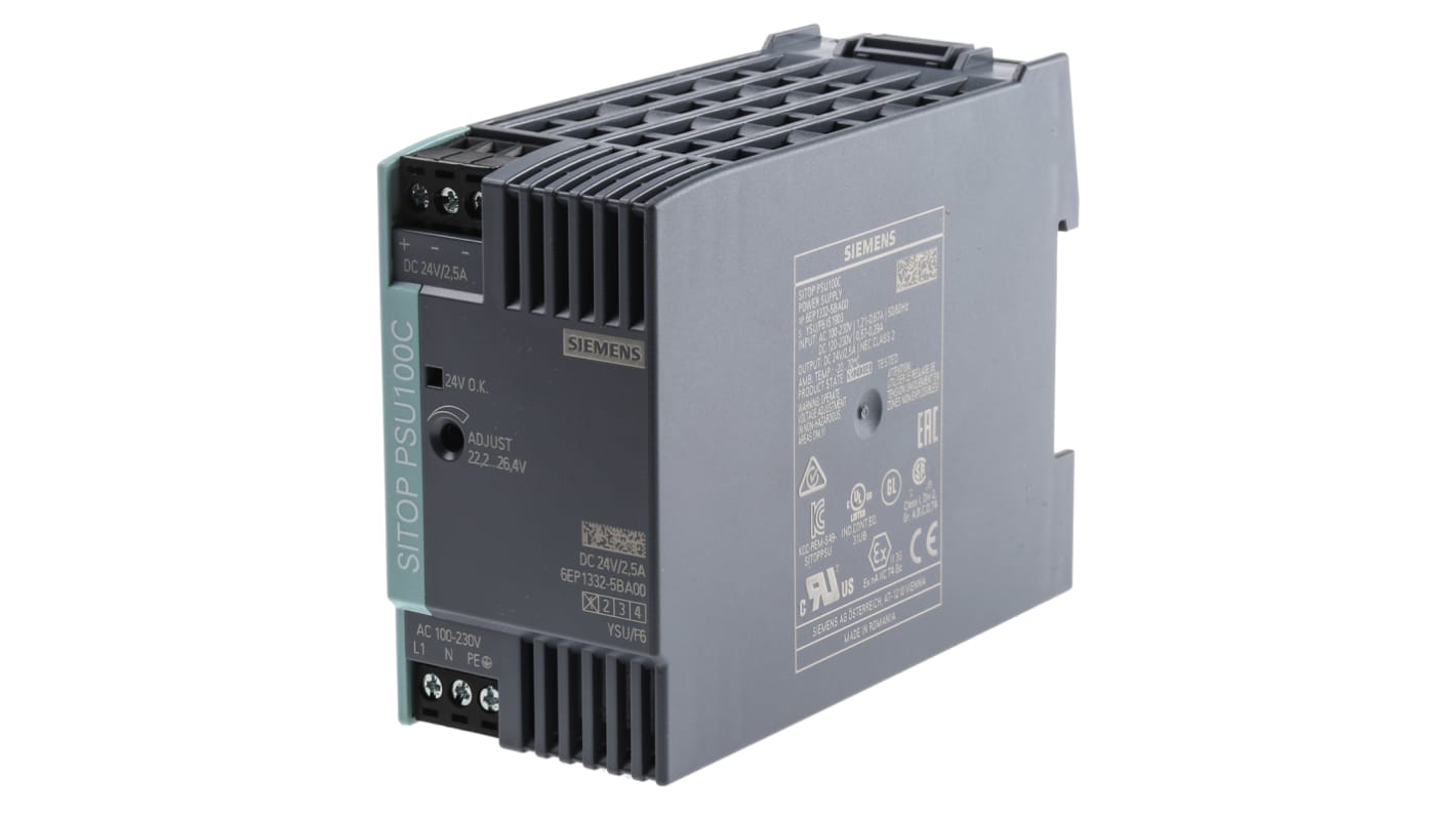 Siemens SITOP PSU100C DIN-Schienen Netzteil Getaktet 24V dc / 2.5A 60W 100 → 230 V ac / 110 → 300V dc